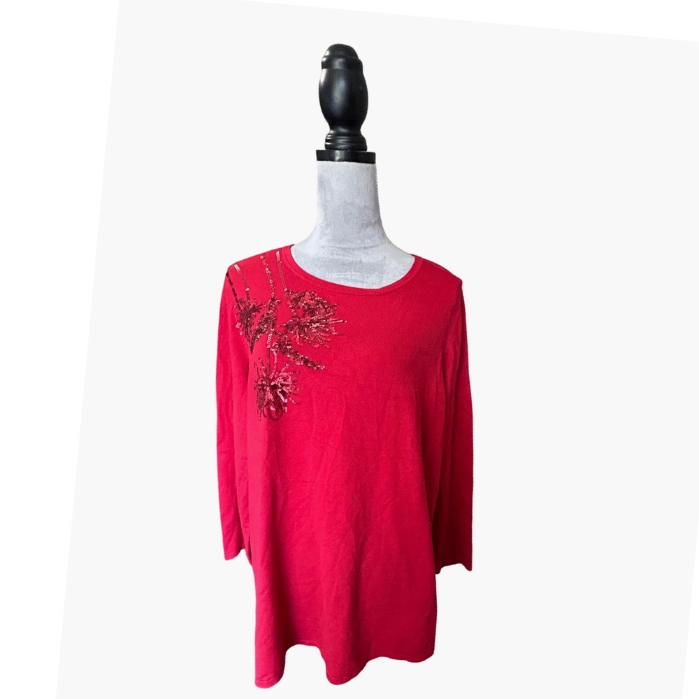Alfani Woman Red Sequined Top 3X Long Sleeve‎ Sparkle Holiday Party Blouse